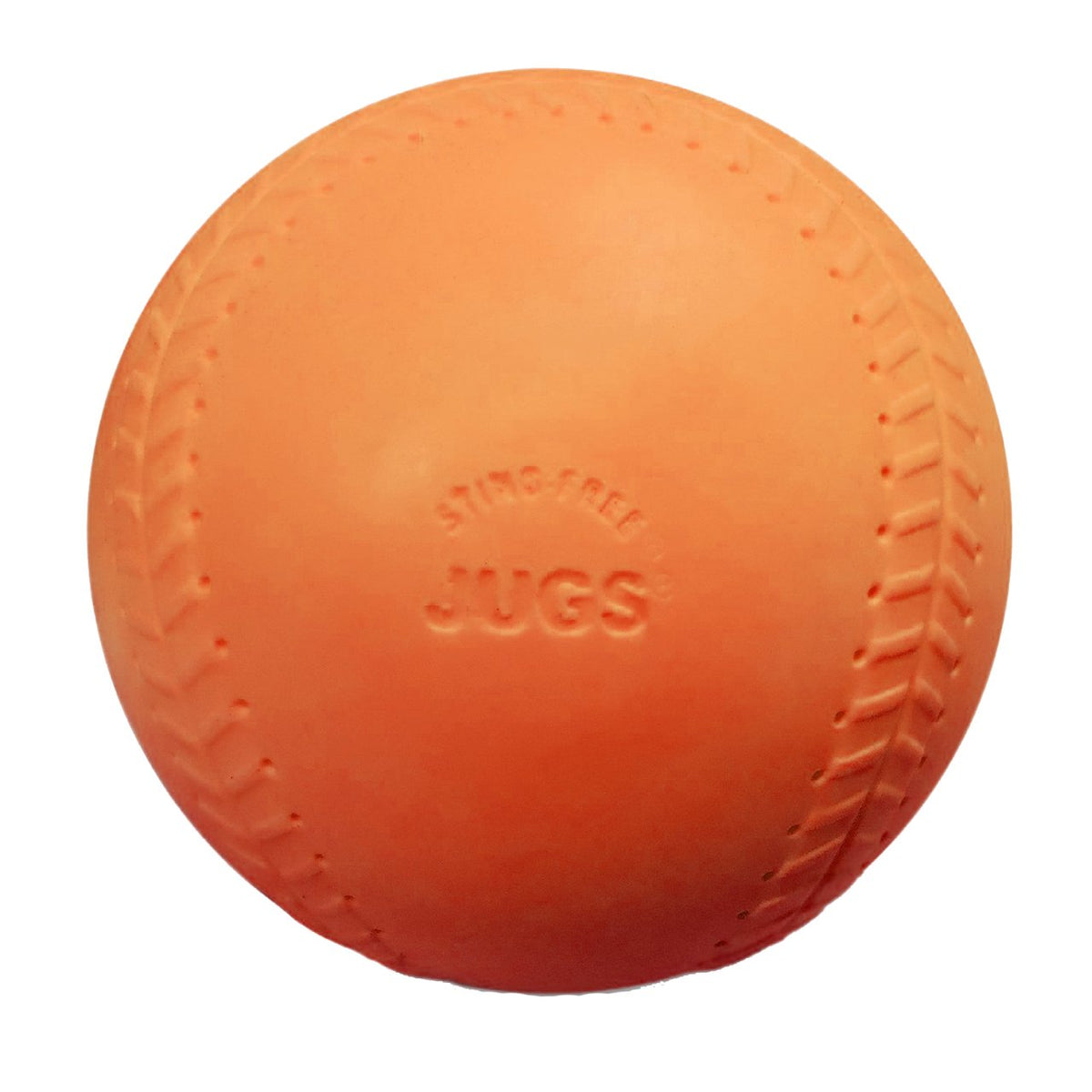 An orange JUGS low impact multi-use practice softball with molded seams, photographed on a white background.