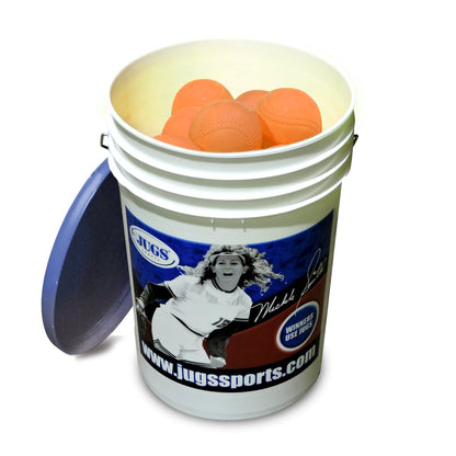 A bucket of orange JUGS low impact multi-use practice softballs with its lid, photographed on a white background.