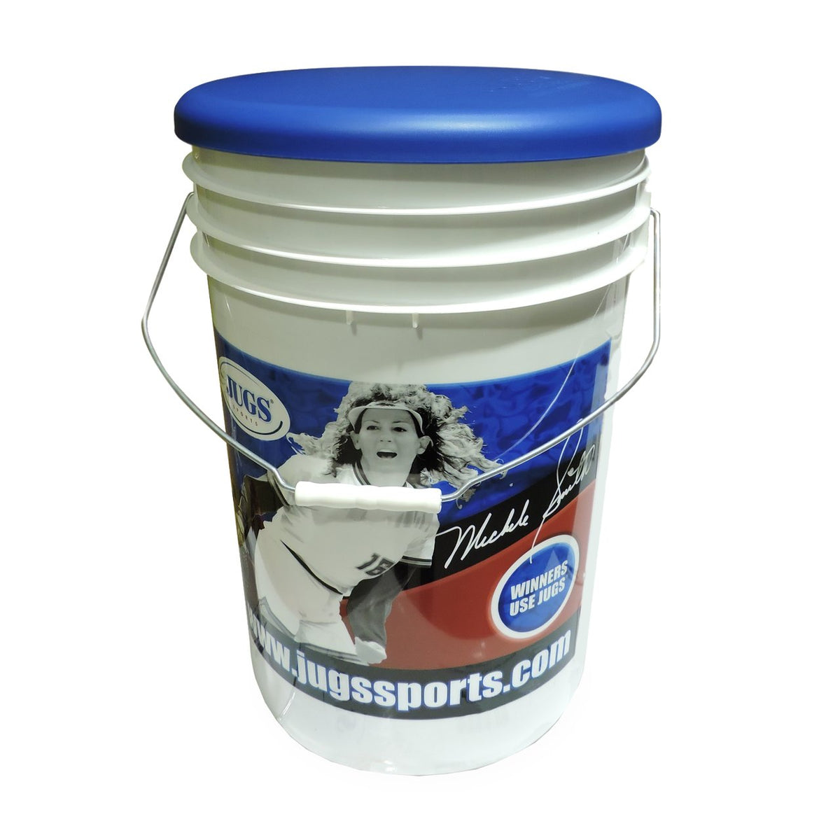 The JUGS softball bucket with its blue seat lid, photographed on a white background.