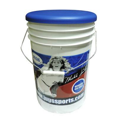 The JUGS softball bucket with its blue seat lid, photographed on a white background.