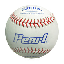 A white leather baseball with red stitching and a blue Pearl logo, on a white background.
