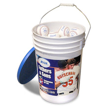 A white plastic bucket with a blue lid, printed with a Fathers and Sons graphic and filled with white leather baseballs, on a white background.