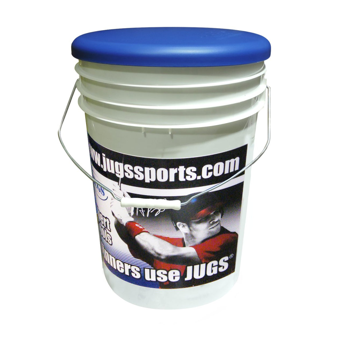 The JUGS ball bucket with its blue seat lid, photographed on a white background.