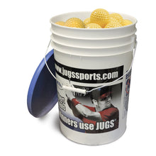 A bucket of optic yellow JUGS Sting-Free dimpled baseballs with its blue lid, photographed on a white background.