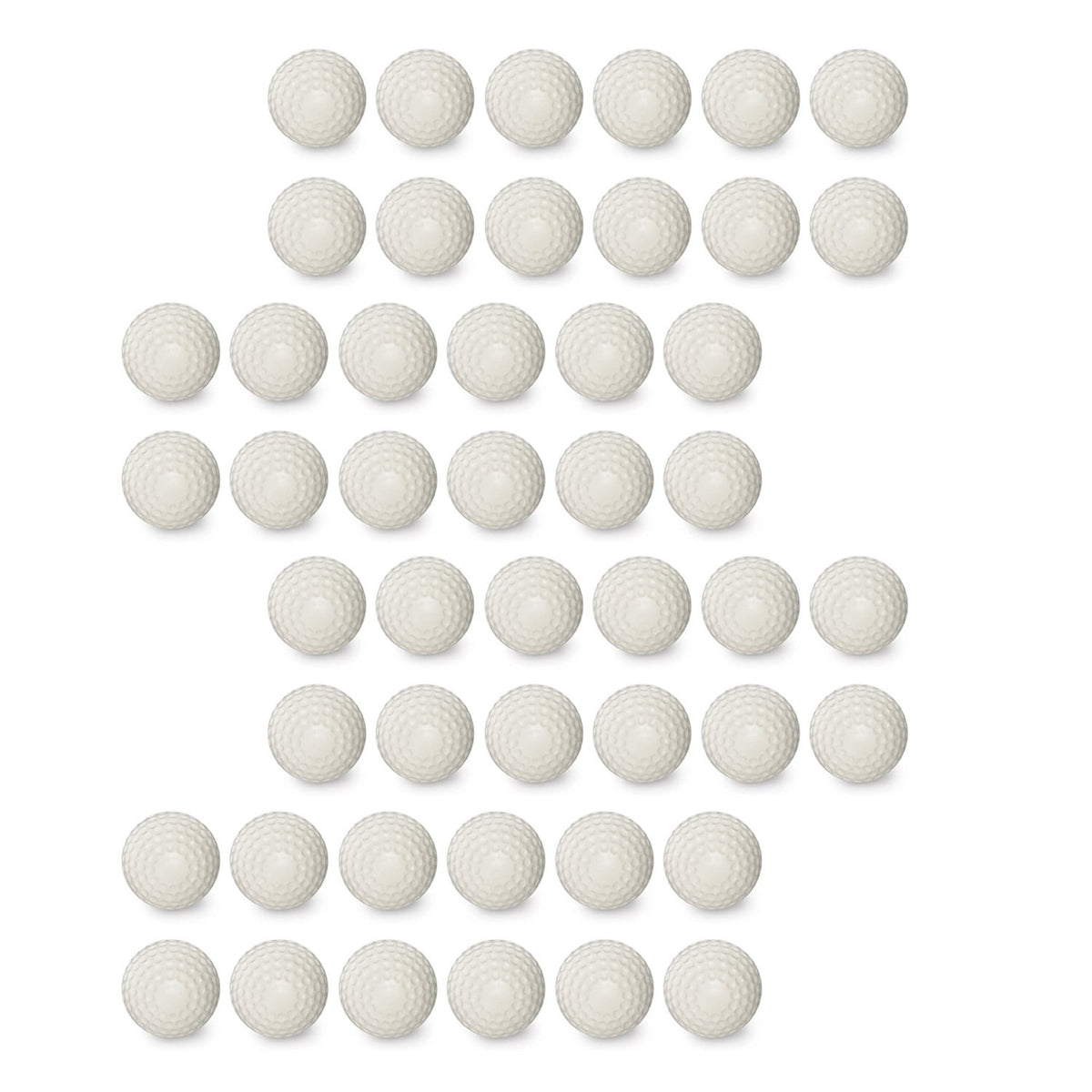 Four dozen white JUGS Sting-Free dimpled baseballs, photographed on a white background.