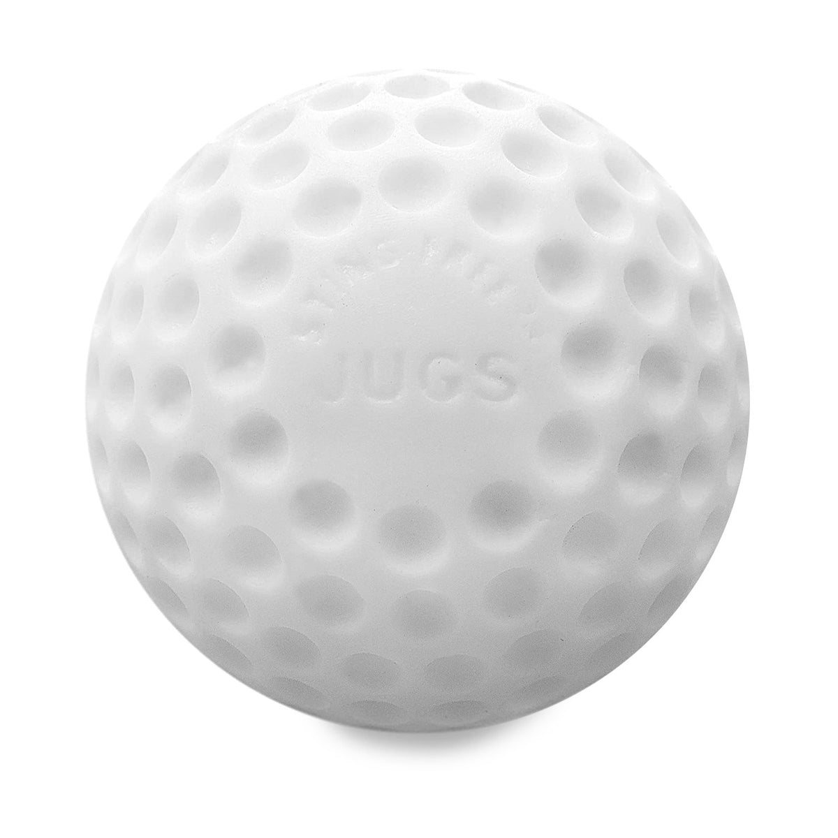 A white JUGS Sting-Free dimpled baseball, photographed on a white background.