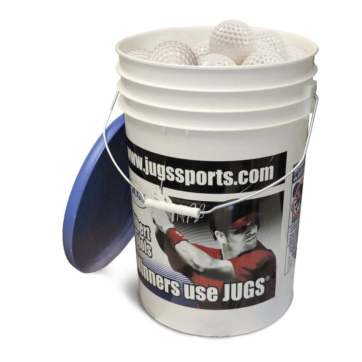 A bucket of white JUGS Sting-Free dimpled baseballs with its blue lid, photographed on a white background.