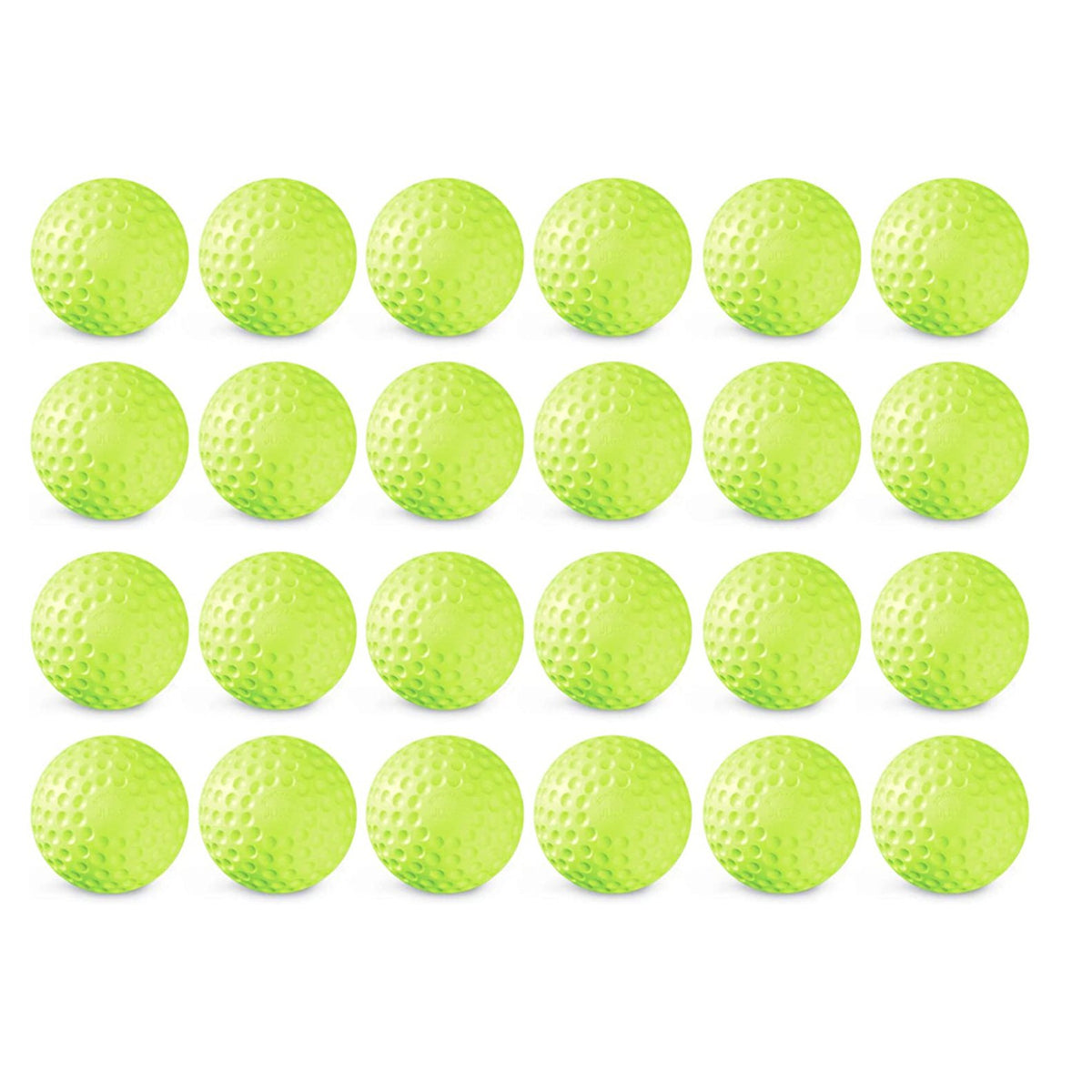Two dozen yellow JUGS Sting-Free dimpled softballs, photographed on a white background.