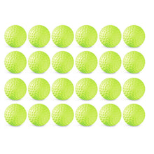 Two dozen yellow JUGS Sting-Free dimpled softballs, photographed on a white background.