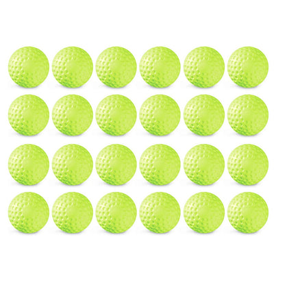 Two dozen yellow JUGS Sting-Free dimpled softballs, photographed on a white background.