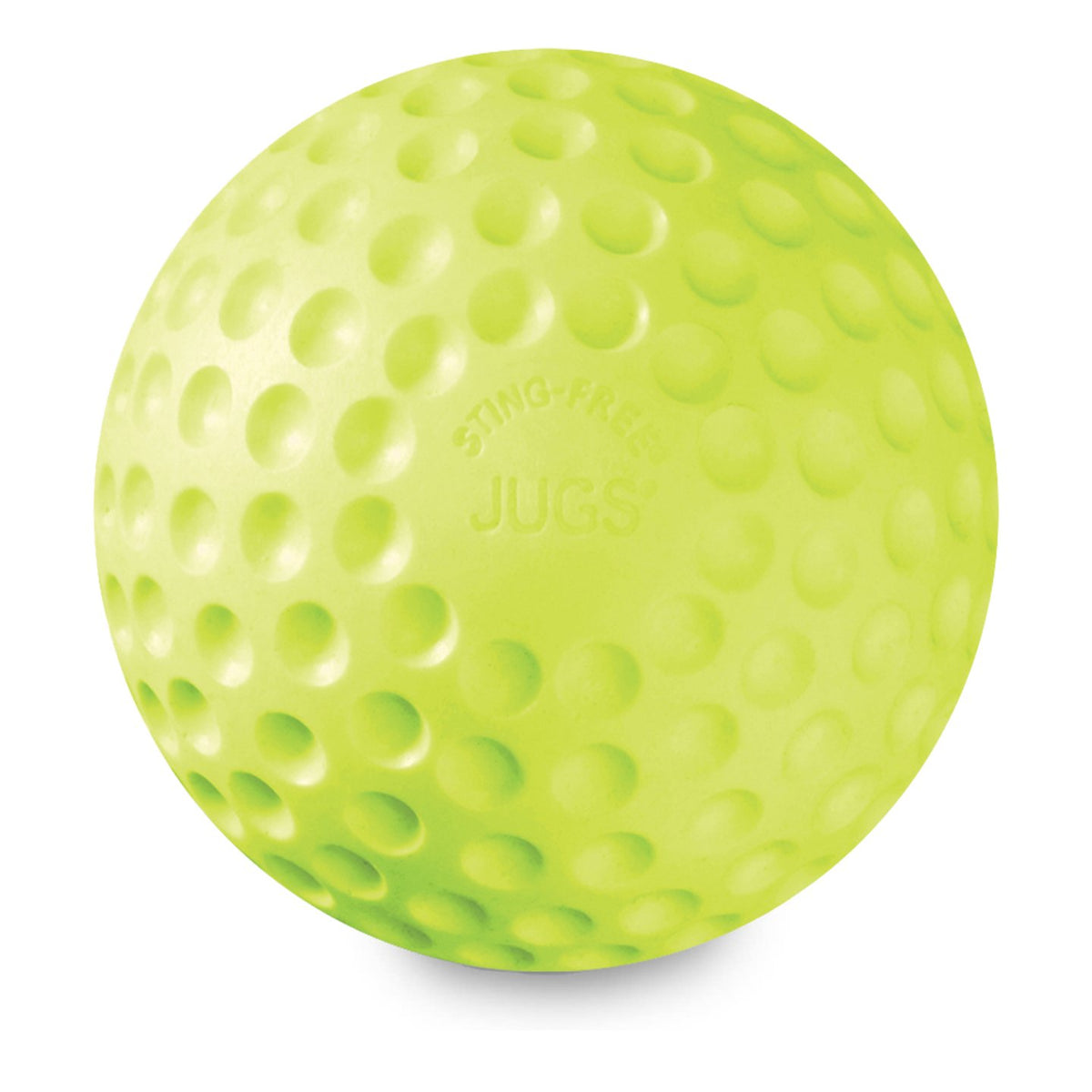 A yellow JUGS Sting-Free dimpled softball, photographed on a white background.