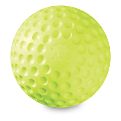 A yellow JUGS Sting-Free dimpled softball, photographed on a white background.