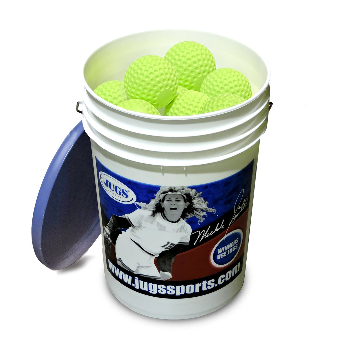 A bucket of yellow JUGS Sting-Free dimpled softballs with its lid, photographed on a white background.