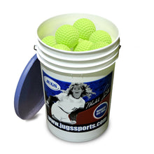 A bucket of yellow JUGS Sting-Free dimpled softballs with its lid, photographed on a white background.