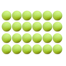 Two dozen yellow JUGS Sting-Free realistic-seam softballs, photographed on a white background.