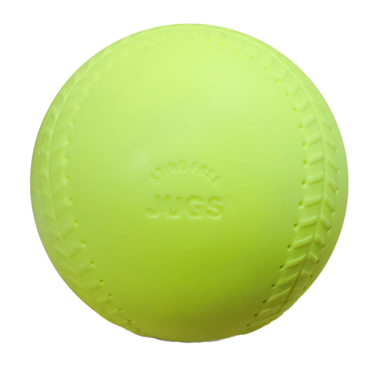A yellow JUGS Sting-Free softball with molded realistic seams, photographed on a white background.