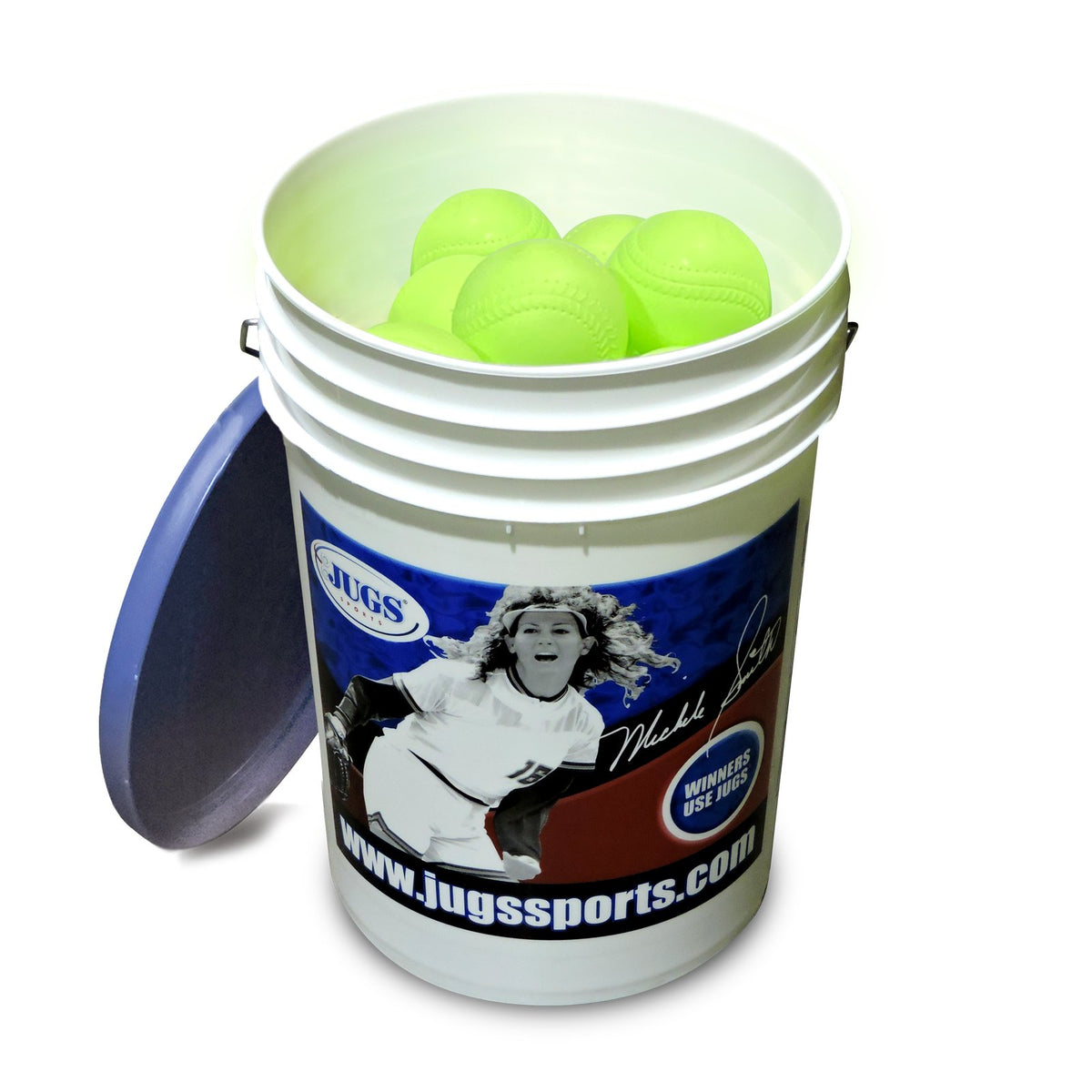 A bucket of yellow JUGS Sting-Free realistic-seam softballs with its lid, photographed on a white background.