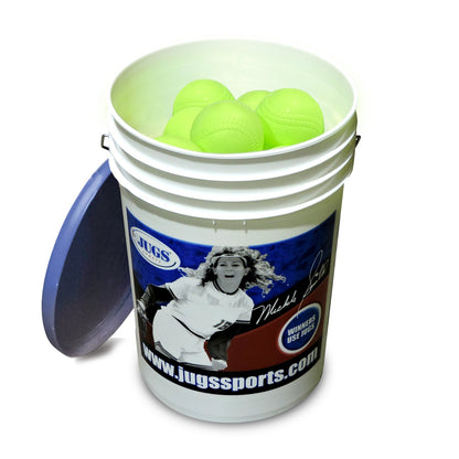 A bucket of yellow JUGS Sting-Free realistic-seam softballs with its lid, photographed on a white background.