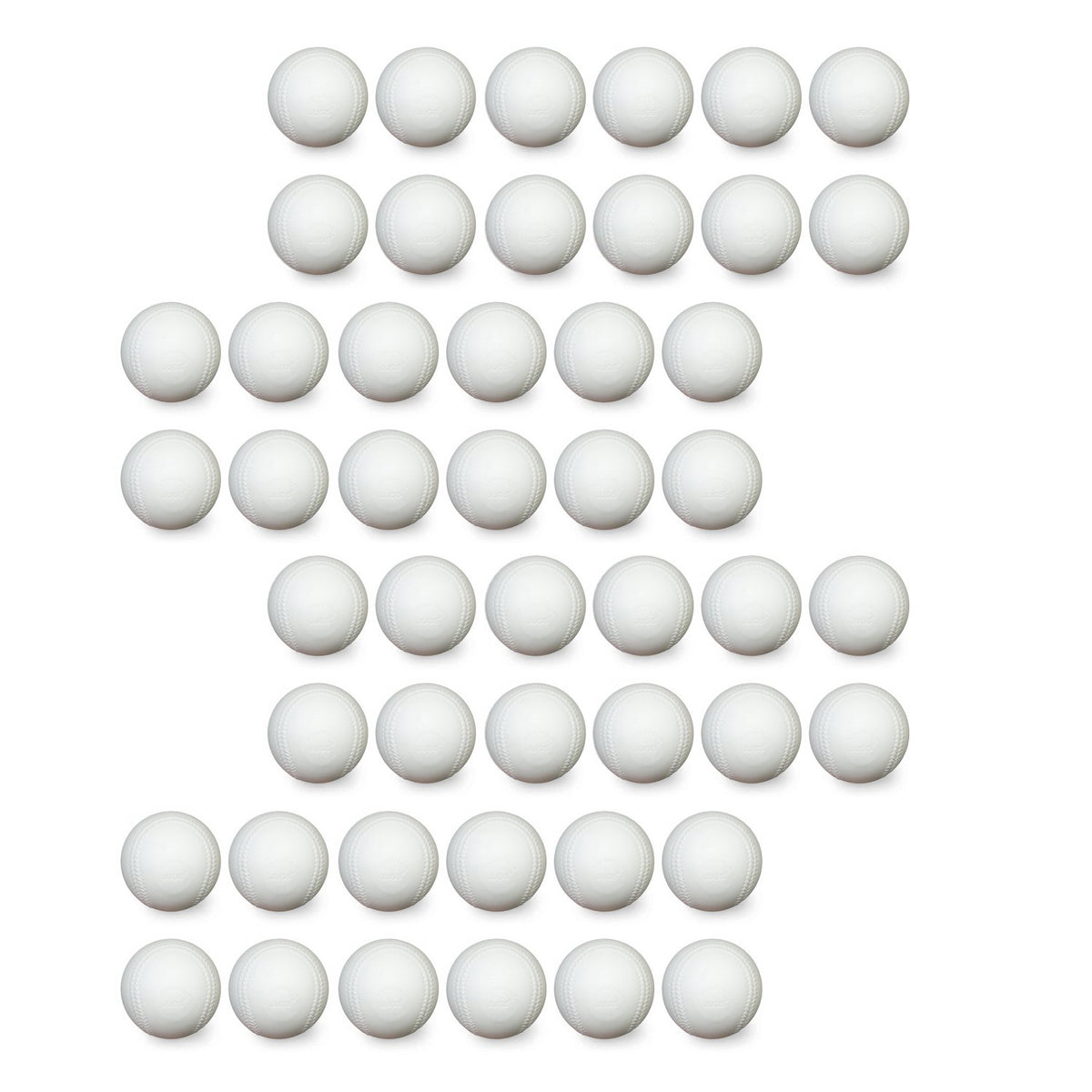 Four dozen white JUGS Sting-Free realistic-seam baseballs, photographed on a white background.