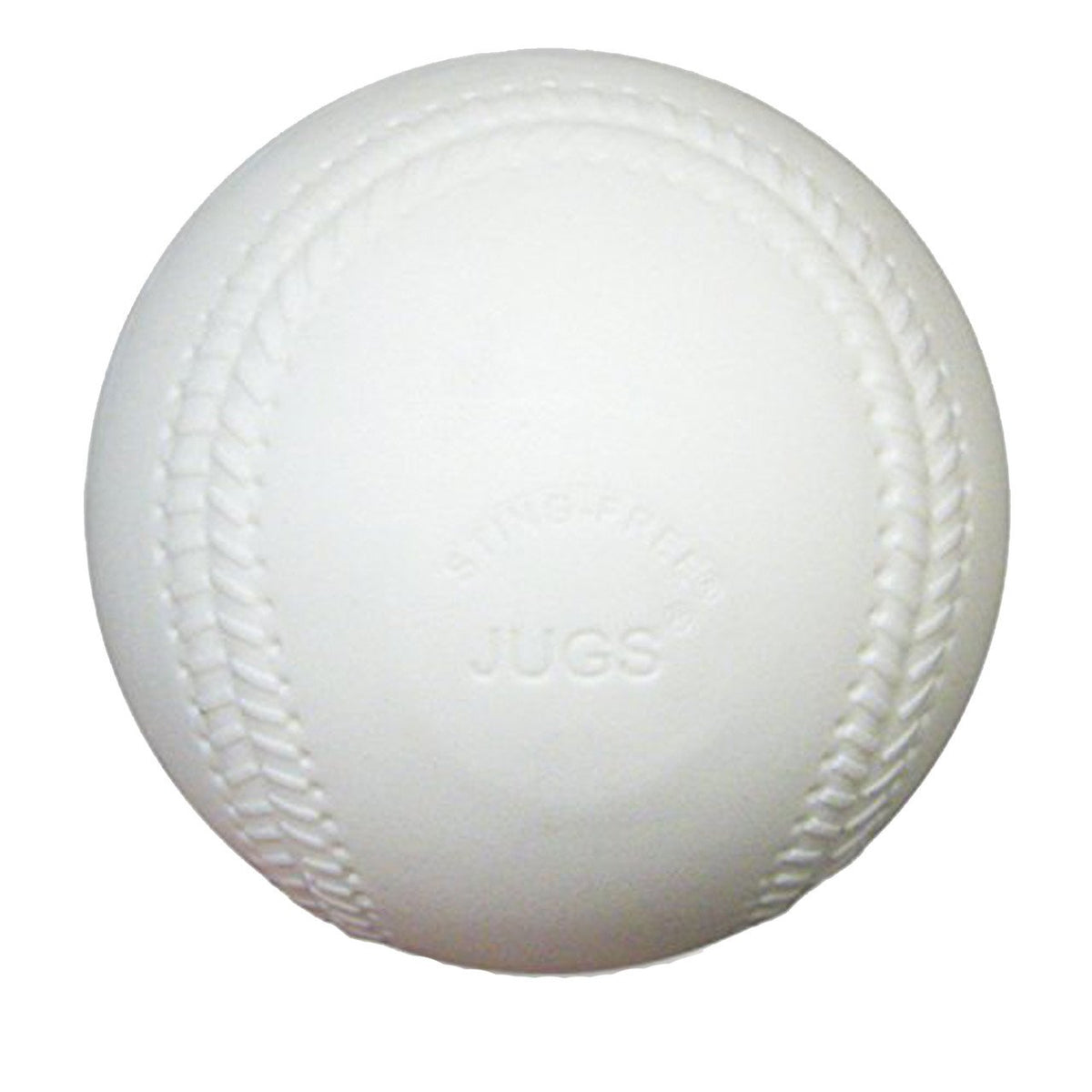 A white JUGS Sting-Free baseball with molded realistic seams, photographed on a white background.