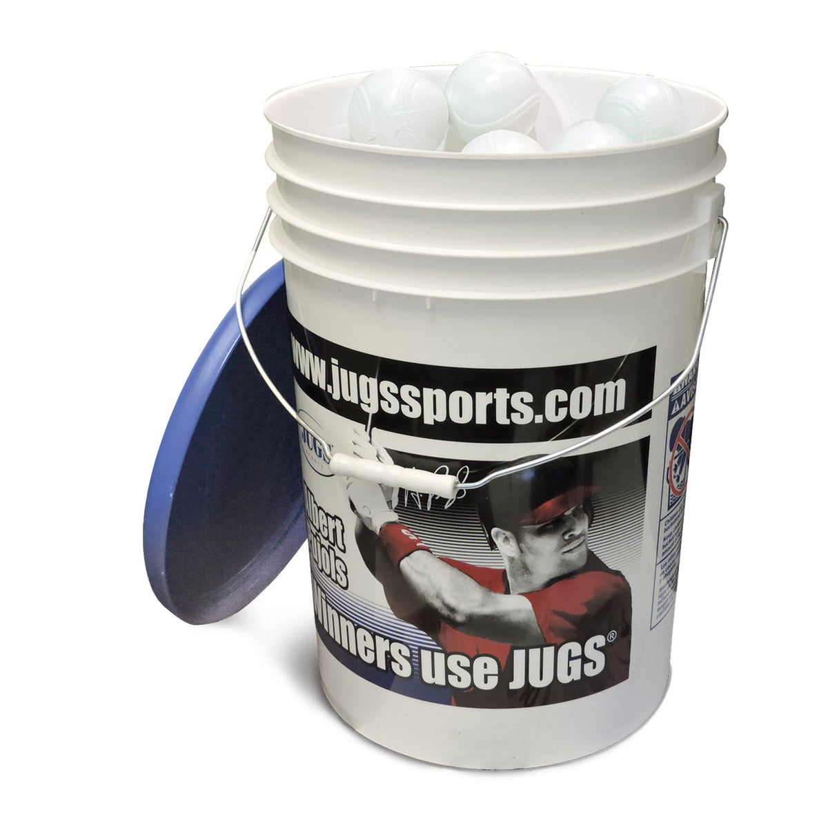 A bucket of white JUGS Sting-Free realistic-seam baseballs with its blue lid, photographed on a white background.