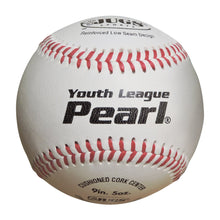 A JUGS Youth League Pearl baseball with reinforced low seams, photographed on a white background.