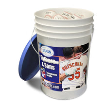 A lidded bucket of JUGS Youth League Pearl baseballs, photographed on a white background.