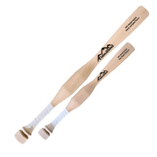 Two natural wood CamWood baseball trainers side by side, the longer Hands and Speed Trainer and the shorter One Hand Trainer, each with a weighted section above white-taped handles, shown diagonally on a plain white background.