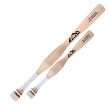 Two natural wood CamWood softball trainers side by side, the longer Hands and Speed Trainer and the shorter One Hand Trainer, each with a weighted section above white-taped handles, shown diagonally on a plain white background.