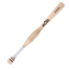 A natural wood CamWood softball Hands and Speed Trainer bat with a thick weighted section just above the white-taped handle, an extended knob and the black CamWood mountain logo on the barrel, shown diagonally on a plain white background.