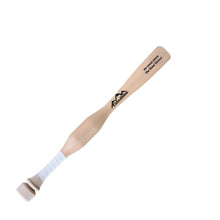 A short natural wood CamWood softball One Hand Trainer bat with a weighted section above the white-taped handle, an extended knob and the black CamWood logo, shown diagonally on a plain white background.