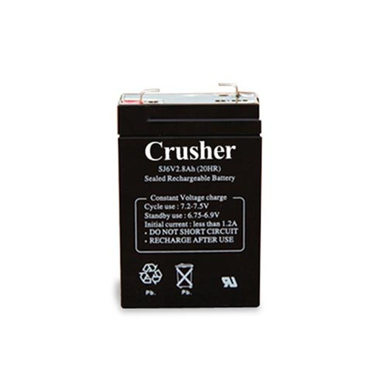 A black rectangular Crusher 6 volt rechargeable battery with white label text, on a white background.
