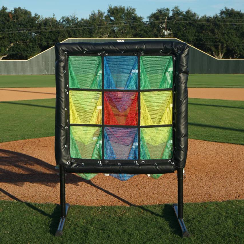 9-hole pitching target with different colored targets on a baseball field