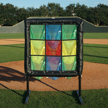 9-hole pitching target with different colored targets on a baseball field