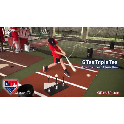 A player using the G Tee 3 Classic Base on a practice field, with G Tee branding across the frame.