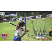 A player using the G Tee Click Stick on a practice field, with G Tee branding across the frame.