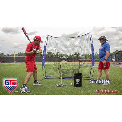 A player using the G Tee Net on a practice field, with G Tee branding across the frame.