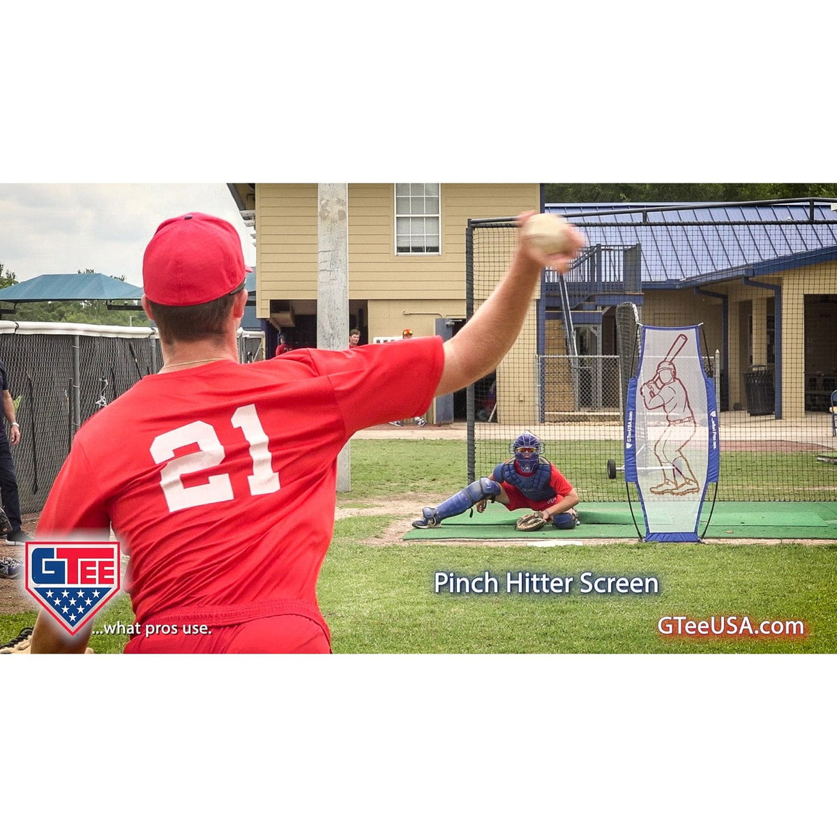 A player using the G Tee Pinch Hitter Screen on a practice field, with G Tee branding across the frame.