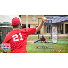 A player using the G Tee Pinch Hitter Screen on a practice field, with G Tee branding across the frame.