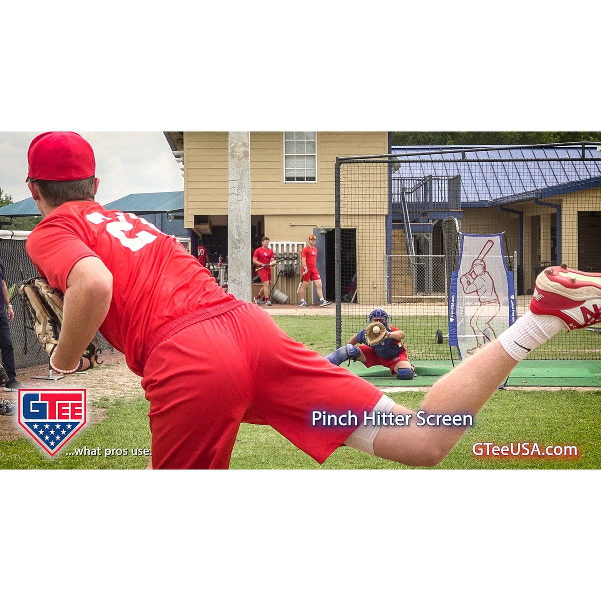 A player using the G Tee Pinch Hitter Screen on a practice field, with G Tee branding across the frame.