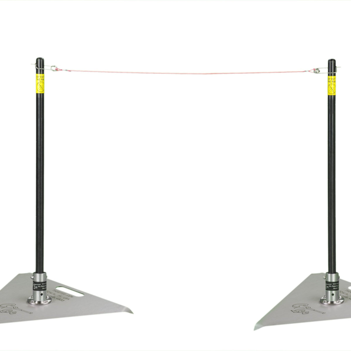 Two pitching sticks with a yellow string running between them at chest height.
