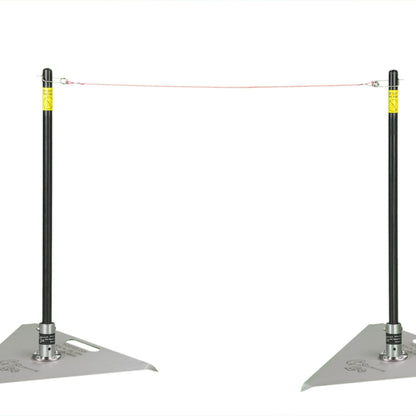 Two pitching sticks with a yellow string running between them at chest height.