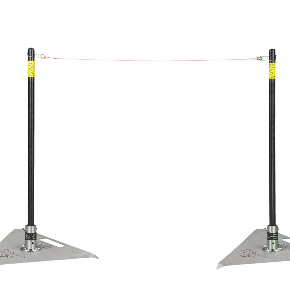Two pitching sticks standing side by side on stainless steel bases.