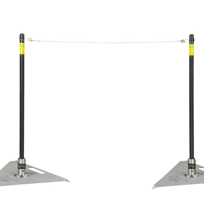 Two pitching sticks standing side by side on stainless steel bases.