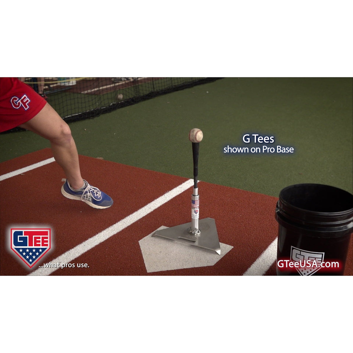 A player using the G Tee Pro Batting Tee on a practice field, with G Tee branding across the frame.
