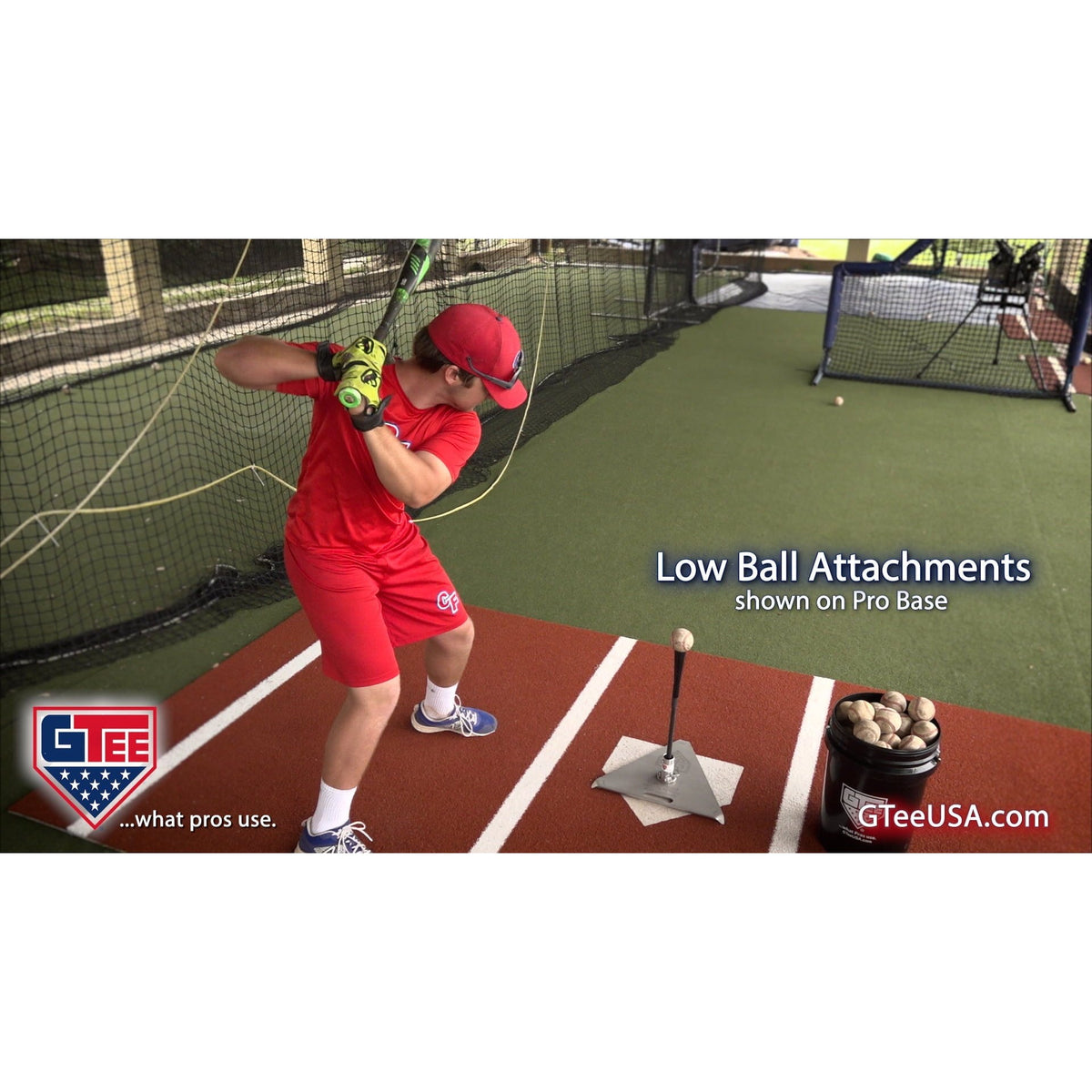 A player using the G Tee Pro Low Ball Tee on a practice field, with G Tee branding across the frame.