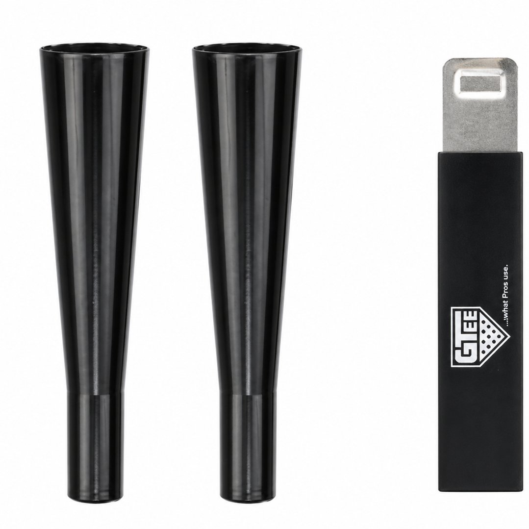 Two black flexible rubber G Tee cups standing beside a cup cutter tool.