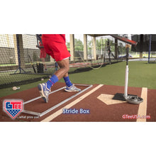 A player using the G Tee Stride Box on a practice field, with G Tee branding across the frame.
