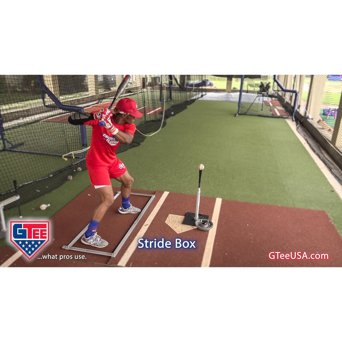A player using the G Tee Stride Box on a practice field, with G Tee branding across the frame.