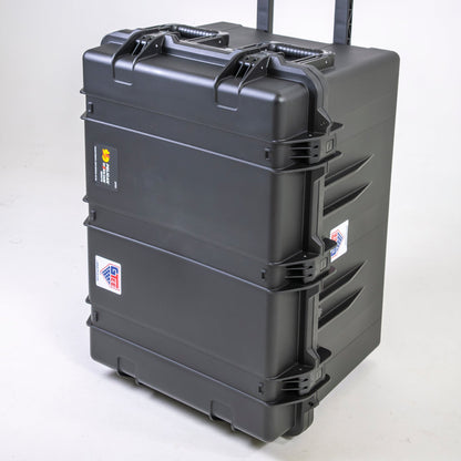 The closed transport case standing upright on its in-line wheels.